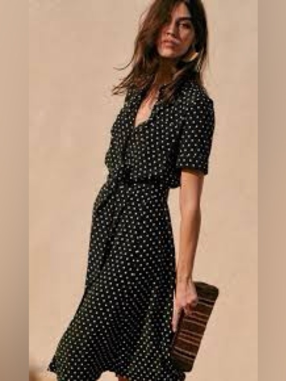 Sezane Adele Black Dress with White Polka Dots Size 42